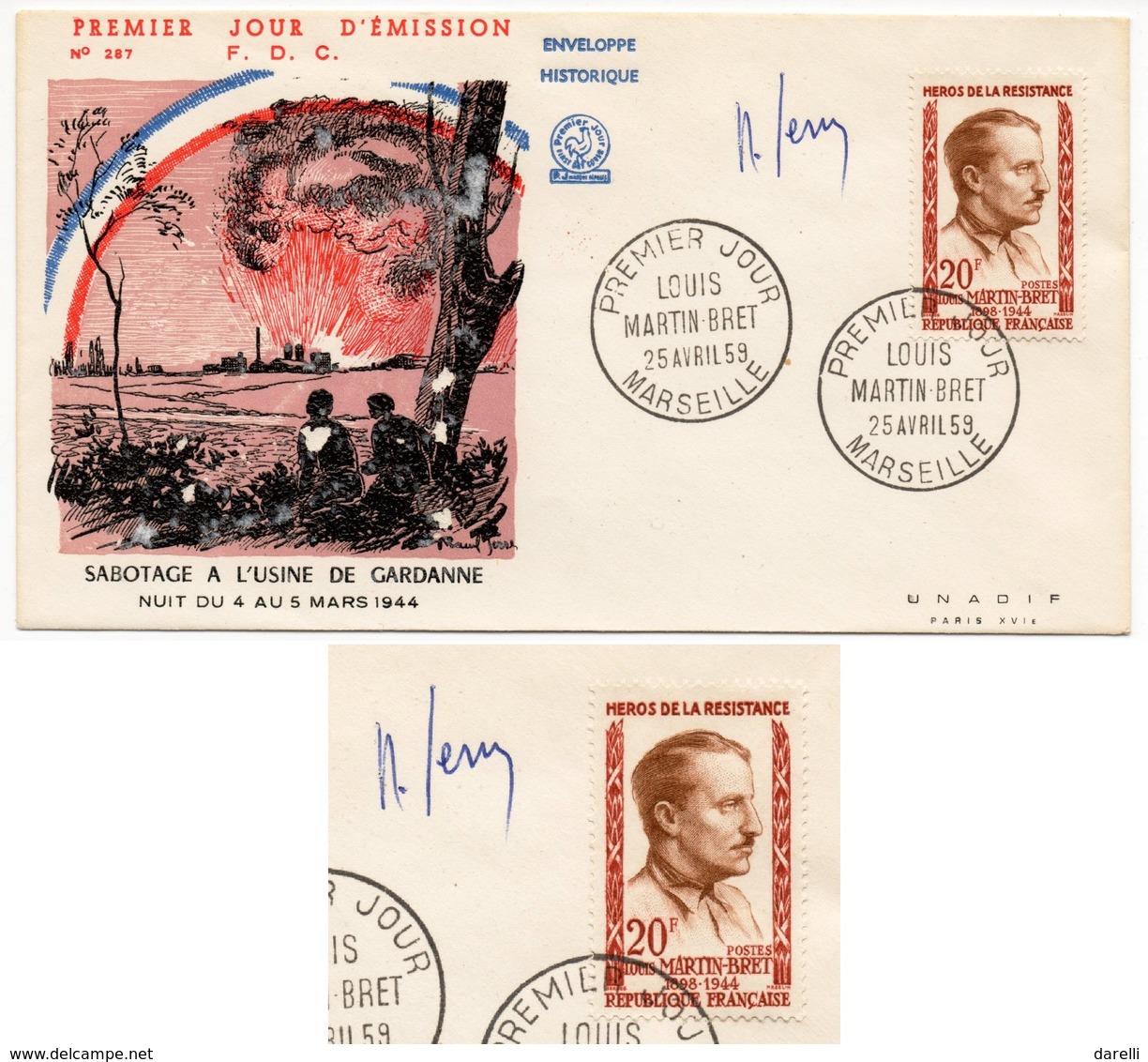 FDC  FRANCE 1959 - Héros De La Résistance Louis Martin Bret YT 1201 Signé Raoul Serres (dessinateur) (Réf 18-480) - 1950-1959