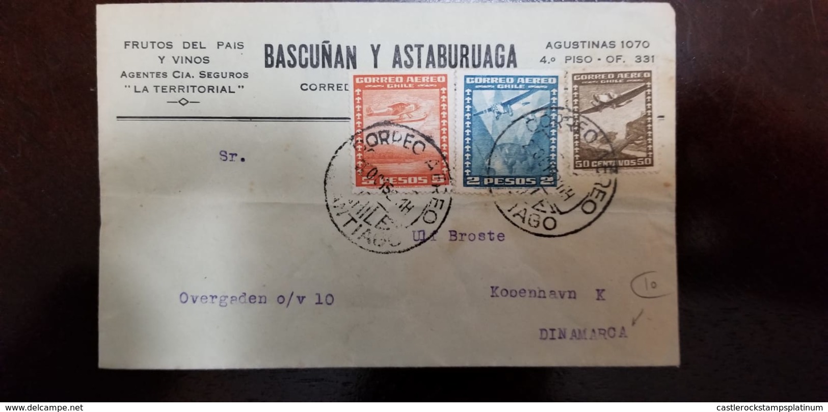 O) 1936 CHILE, SEAPLANE, TWO AIRPLANE OVER GOLBE, FRUTOS DEL PAIS Y VINOS-BASCUÑAN Y ASTABURUAGA, TO ​DENMARK, XF - Chile