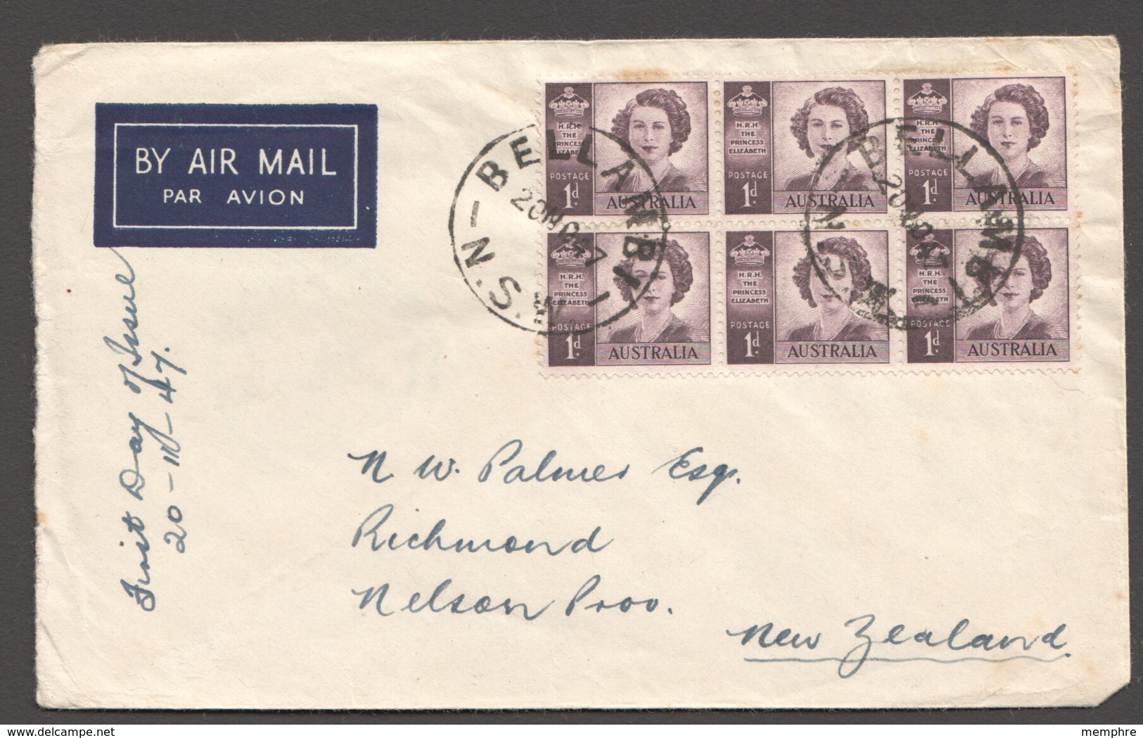 1947 Princess Elizabeth 1d SG 222 Block Of 6 Air Mail To New Zealand - FDC