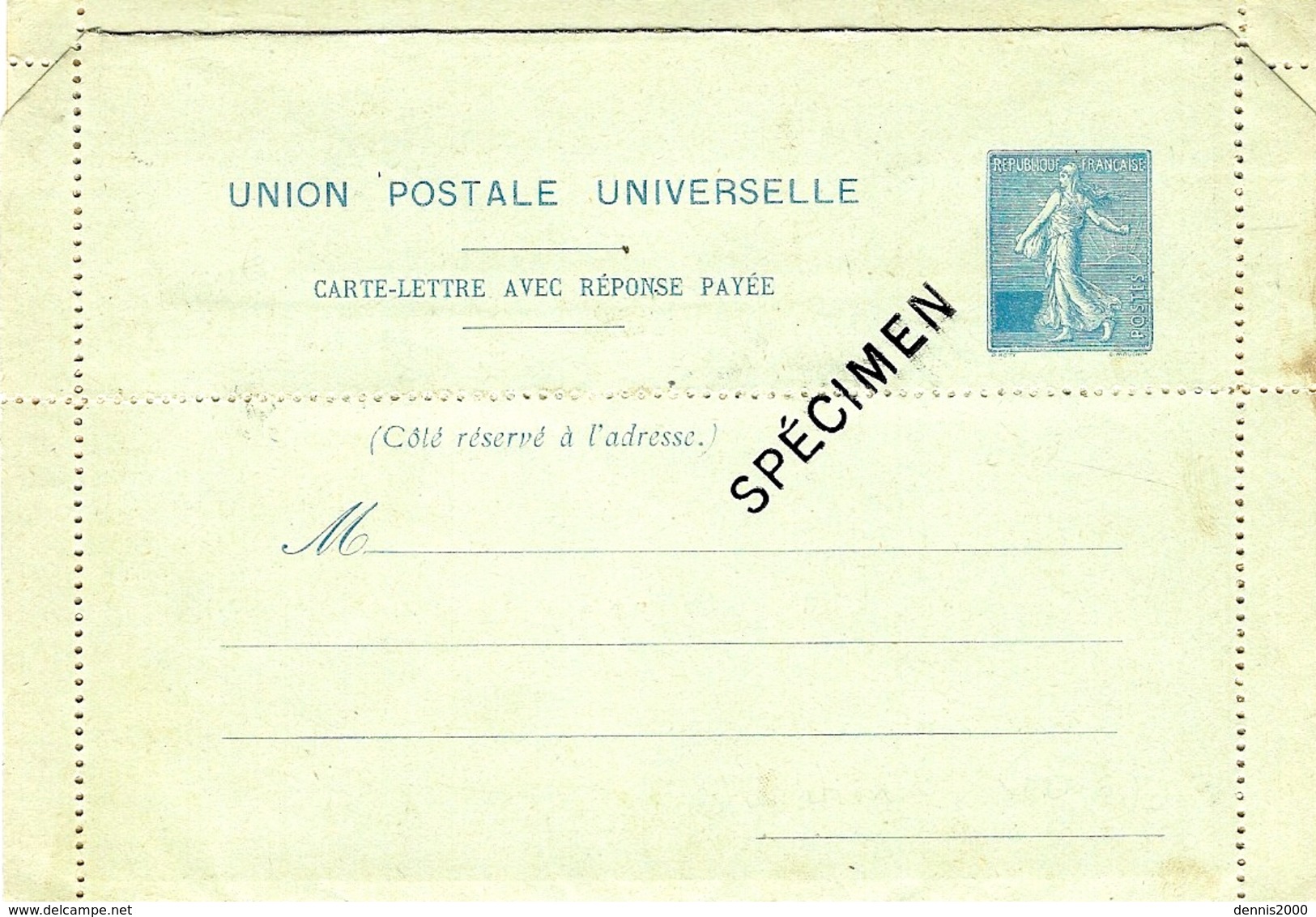 1906- N° SEL F -Timbre Bleu Clair - Carte Lettre Avec Réponse Payée - Projet Avec SPECIMEN Présenté à L'U.P.U. De 1906 - Letter Cards