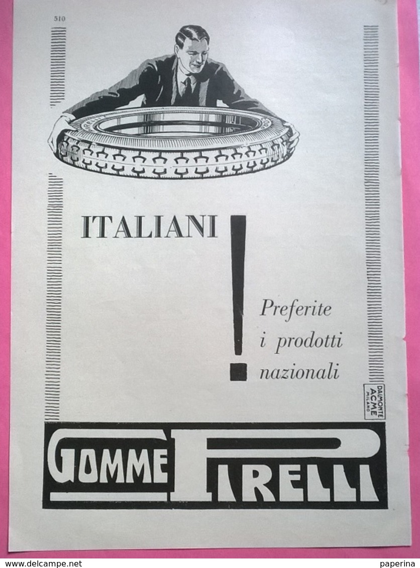 PUBBLICITA' ITALIANI PREFERITE I PRODOTTI ITALIANI GOMME PIRELLI  1929 RITAGLIATA DA GIORNALE - Pubblicitari