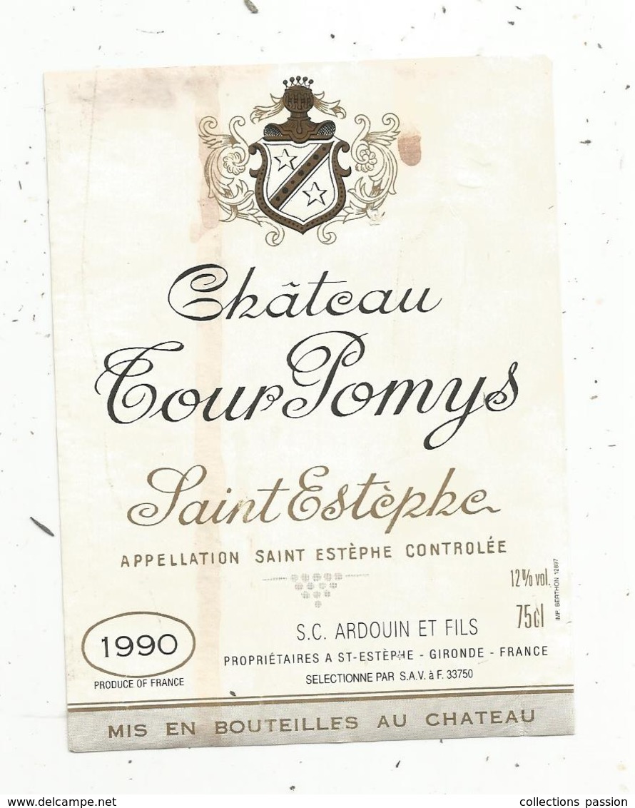 étiquette De Vin  , Bordeaux , Château TOUR POMYS , Saint Estéphe ,Ardouin ,1990 - Bordeaux