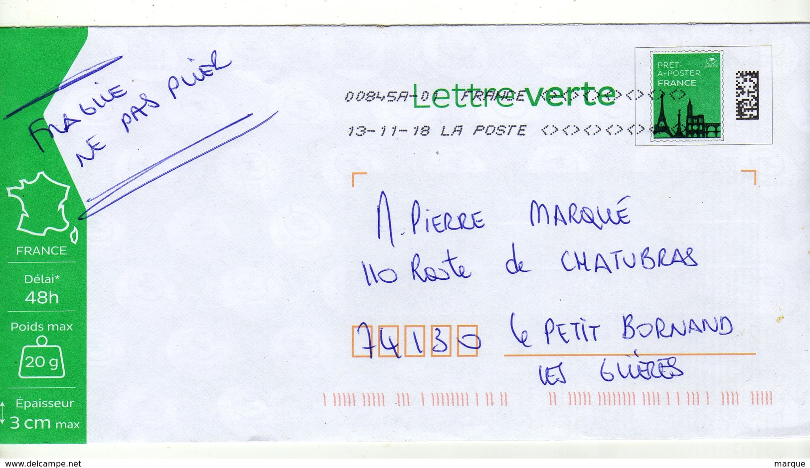 Enveloppe FRANCE Prêt à Poster Lettre Verte Oblitération LA POSTE 00845A-01 13/11/2018 - Prêts-à-poster:  Autres (1995-...)