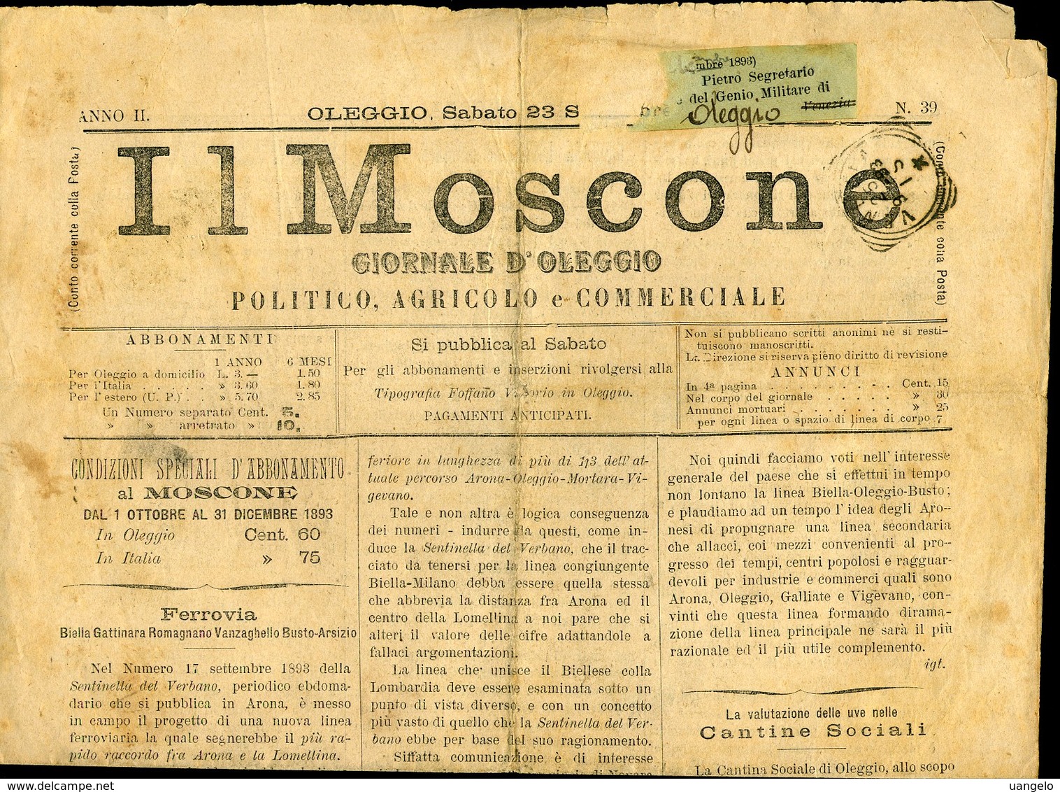 163 IL MOSCONE 1893 N° 39 , GIORNALE DI OLEGGIO 4 PAGINE PUB. IN ULTIMA PAGINA - Documenti Storici