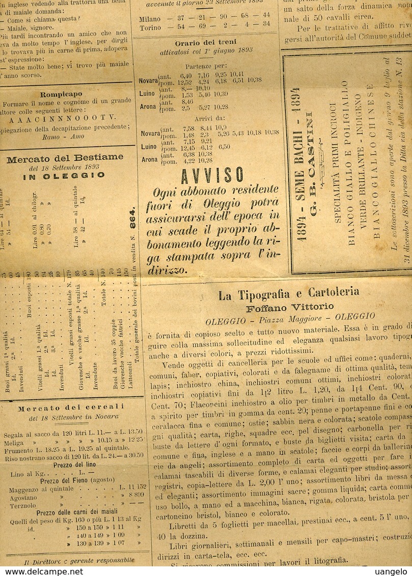 163 IL MOSCONE 1893 N° 39 , GIORNALE DI OLEGGIO 4 PAGINE PUB. IN ULTIMA PAGINA - Documenti Storici