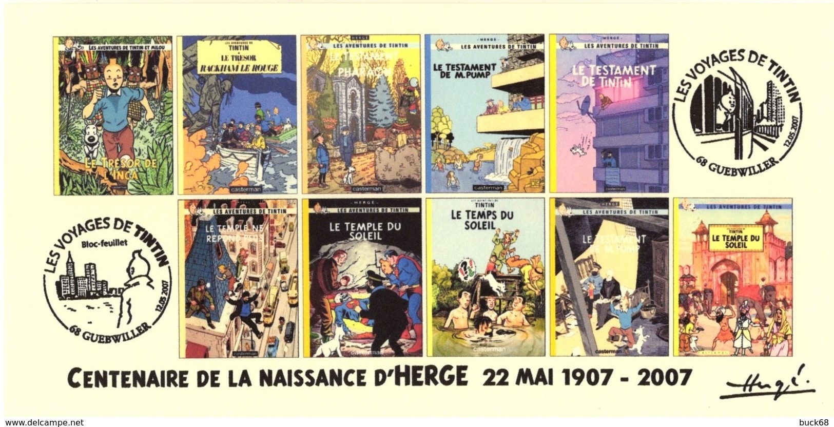 FRANCE 2007 N°113 Albums Fictifs + 2 Cachets Premier Jour FDC TINTIN KUIFJE TIM HERGE GUEBWILLER - 2000-2009