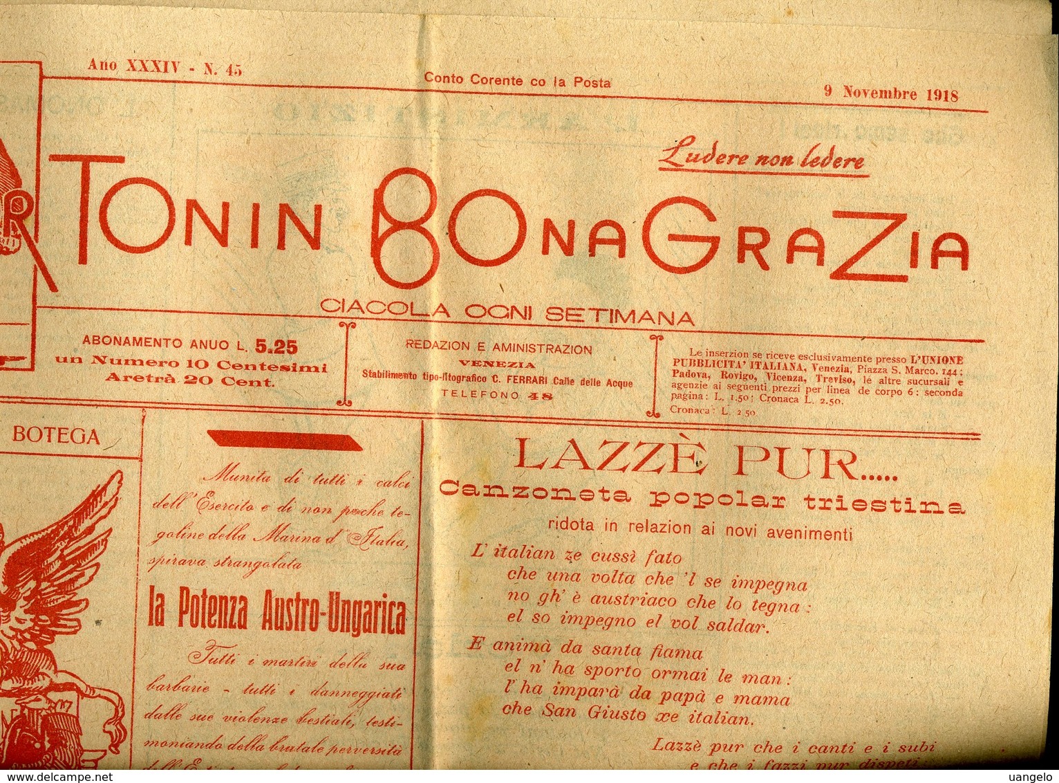 161 SOR TONIN BONA GRAZIA ,1918 N°45, PUB ALL'INTERNO E IN ULTIMA PAGINA - Altri & Non Classificati