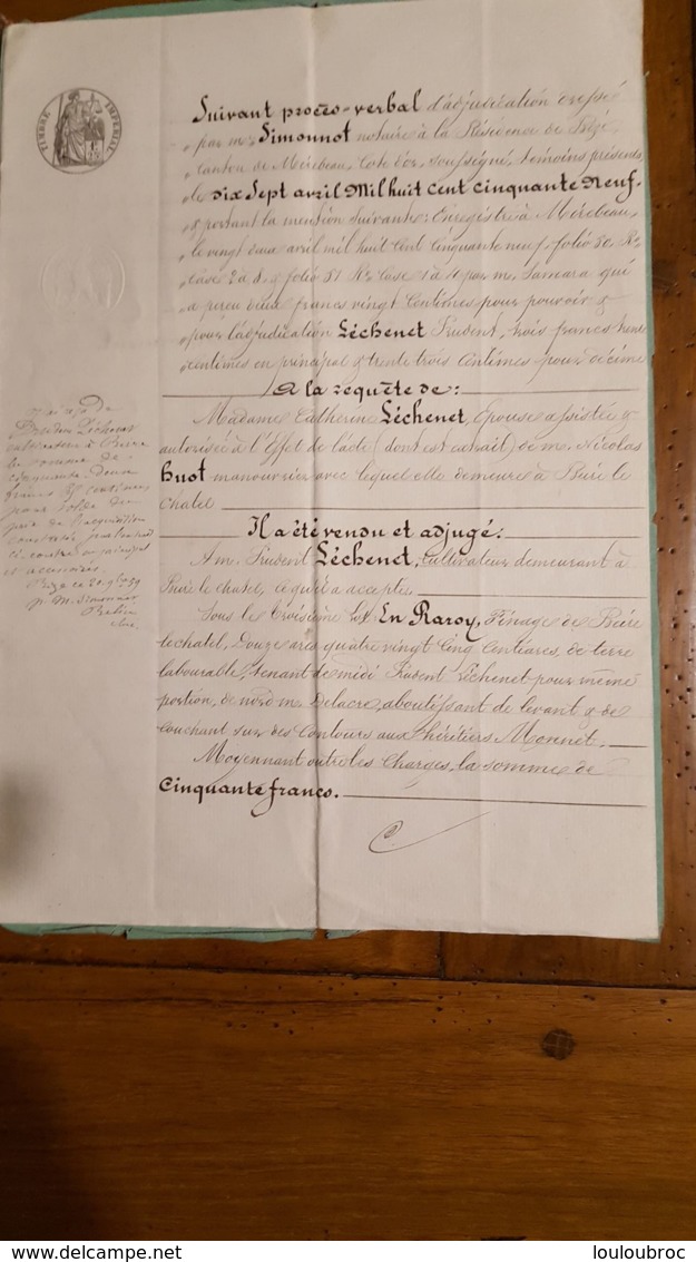 ACTE D'AVRIL 1859 ACTE NOTARIE MIREBEAU SUR BEZE VENTE TERRE A BEIRE LE CHATEL - Historische Documenten