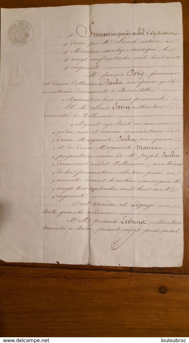 ACTE  DE SEPTEMBRE 1850 ADJUDICATION TERRES A BEIRE LE CHATEL - Historical Documents