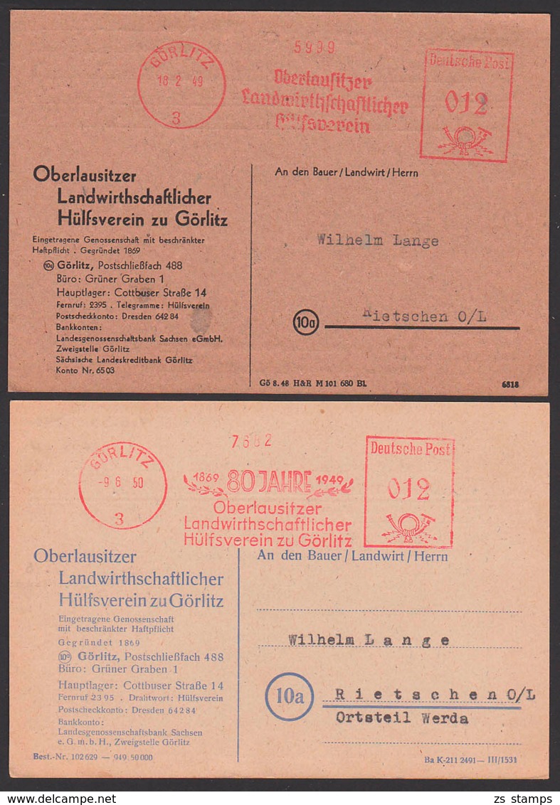 AFS Görlitz 1949 Und 1950, Oberlausitzer Landwirtschaftschaftlicher Hülfsverein, Dabei "80 Jahre" Jubiläum - Frankeermachines (EMA)