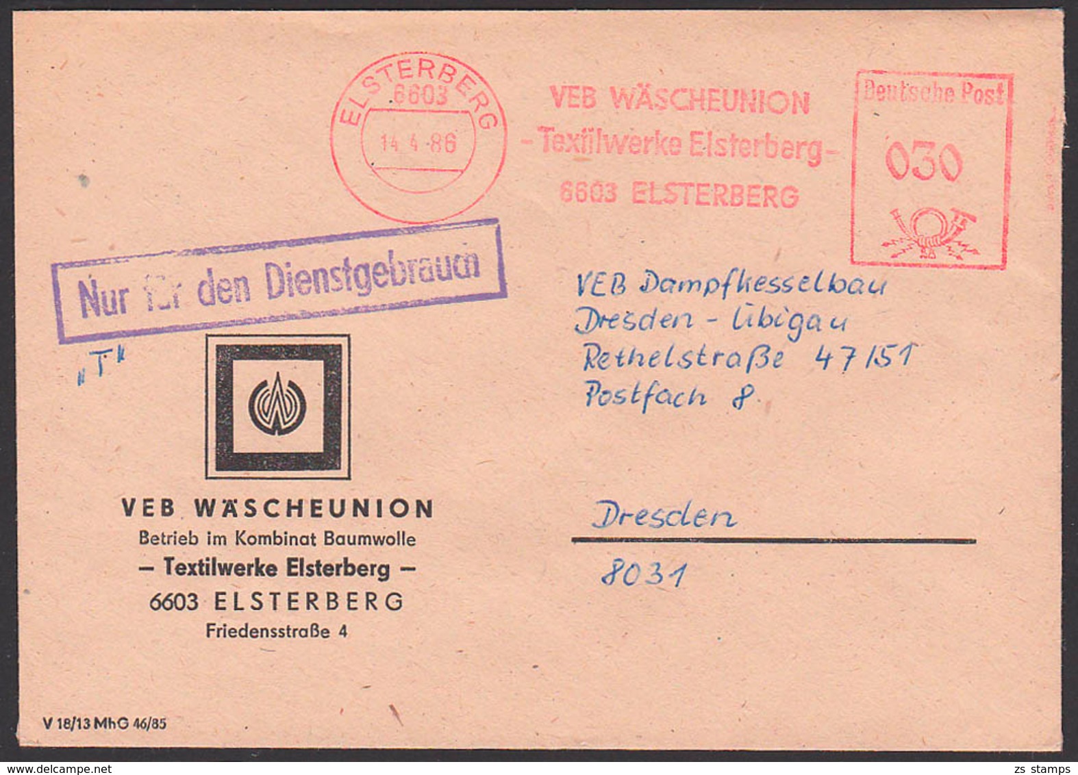 DDR AFS =DP 030= Elsterberg, 14.4.86 ZKD-Post NfD, VEB Wäscheunion Textilwerke - Sonstige & Ohne Zuordnung