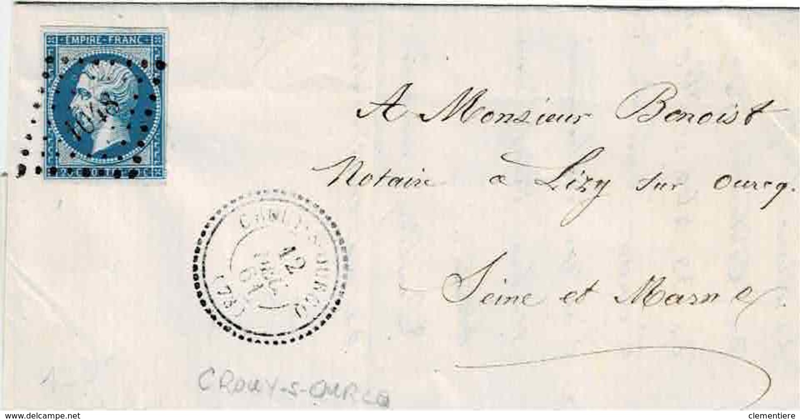 TP N° 14 Seul Sur Lettre  De Crouy Sur Ourcq  Pour Lizy Sur Ourcq, Losange PC 1048 Et Cachet Type 22 - 1849-1876: Période Classique