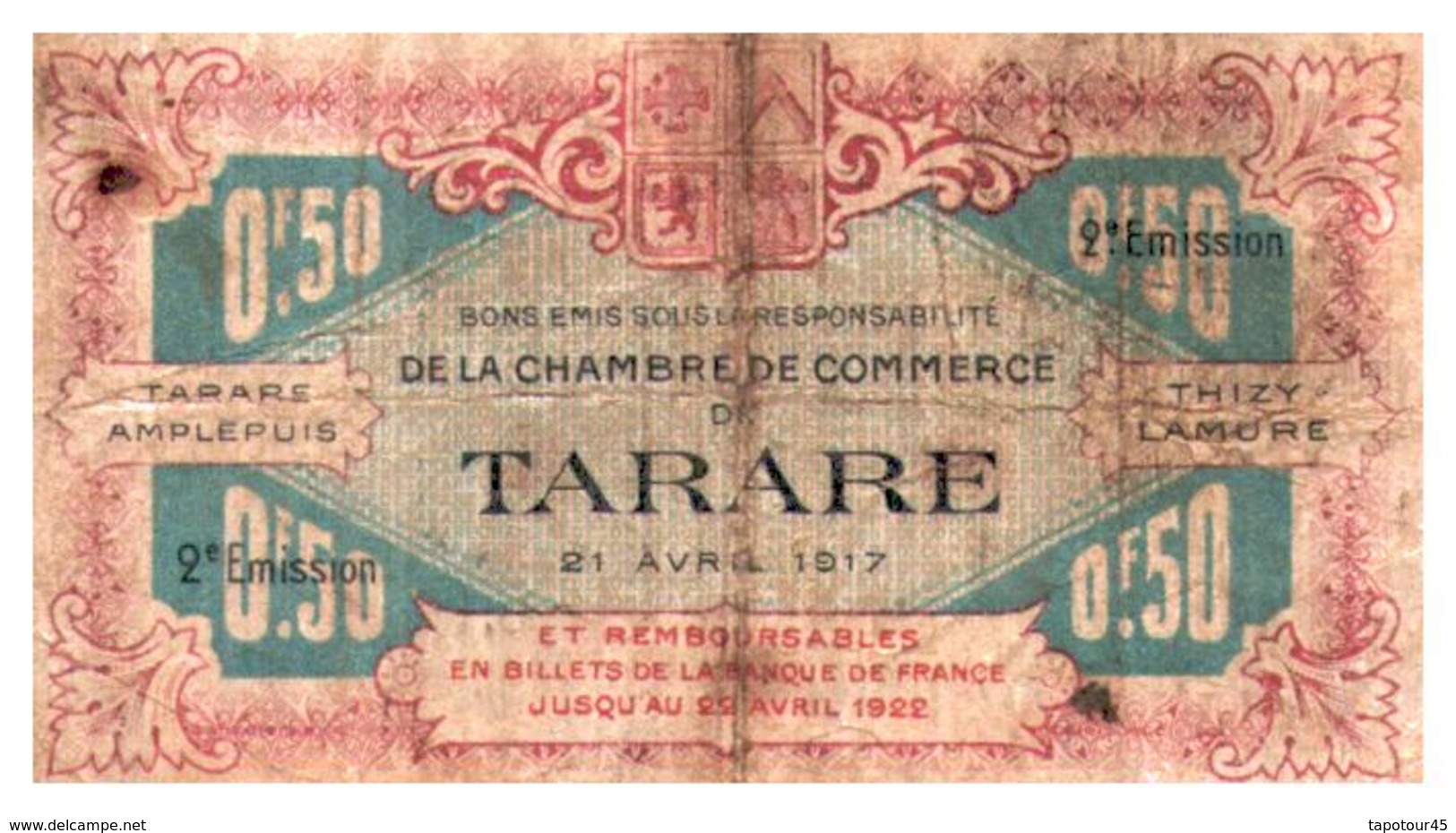 Billets > France >  Chambre De Commerce De Tarare 0.50 Ct  1922 - Chambre De Commerce