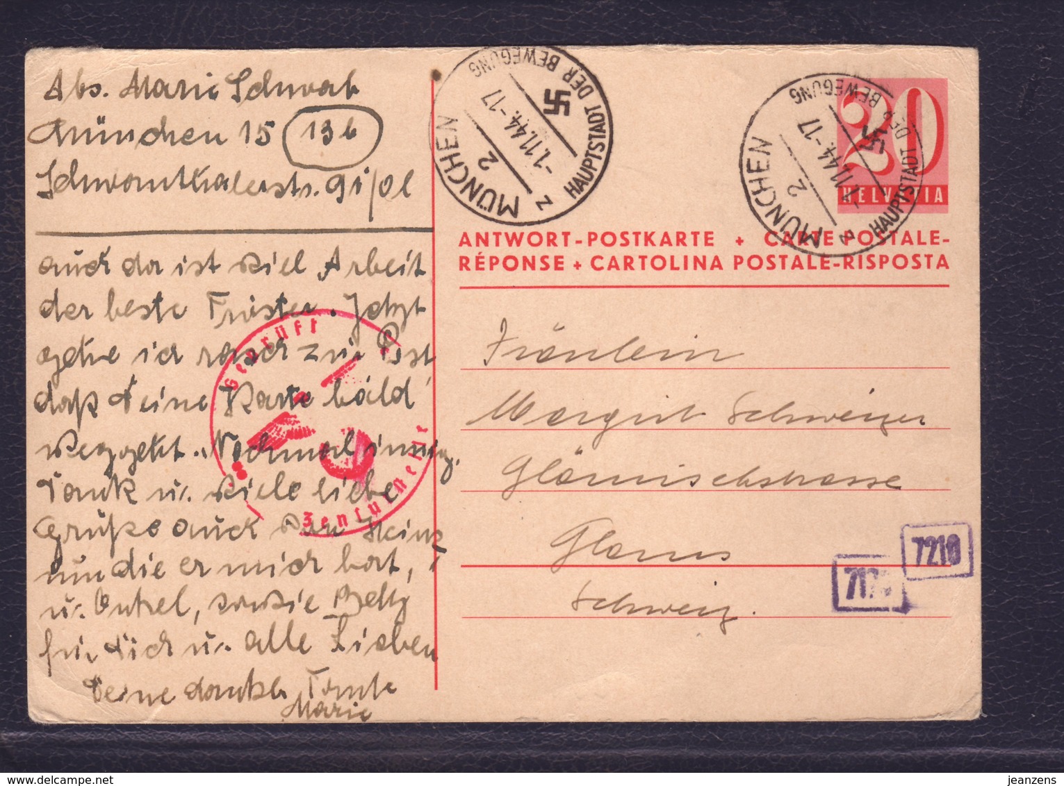 Ganzsache Antwort/Entier Postal Réponse 20 Rp Obl München 01.11.1944 -> Glarus - Zensur/Censored/Censure D München - Entiers Postaux