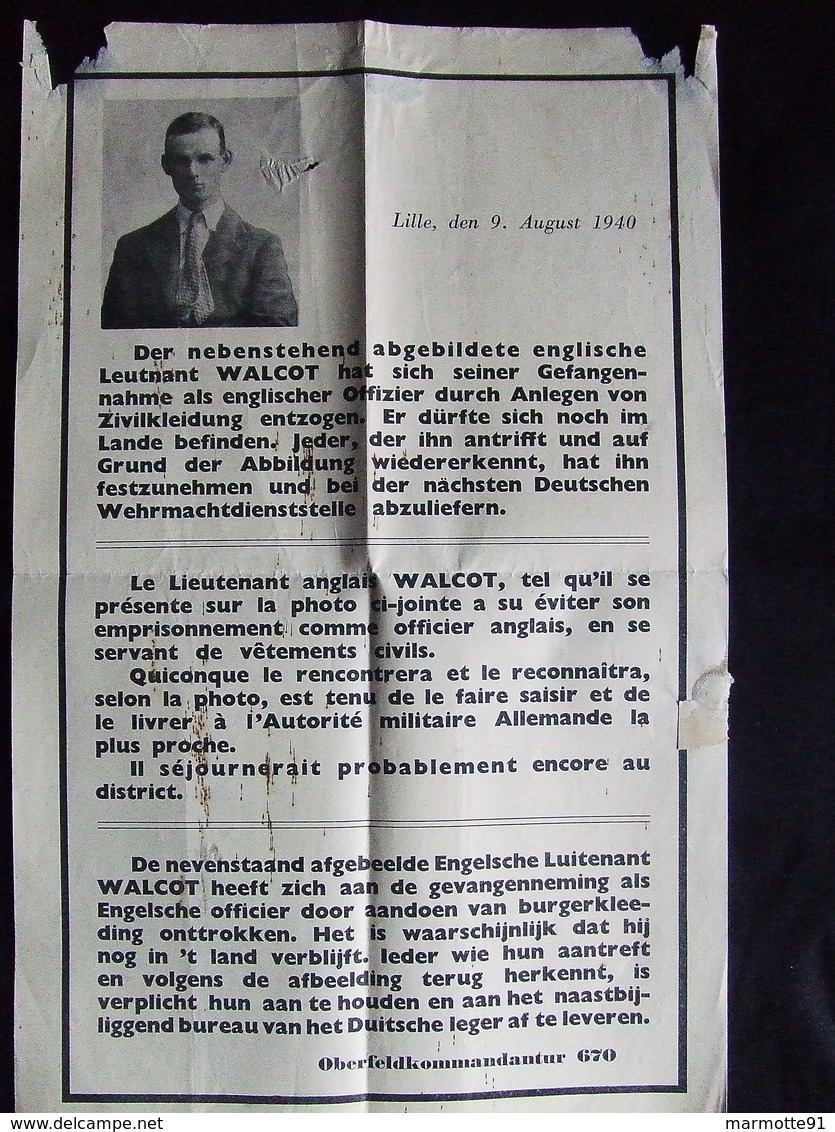 AFFICHE LILLE AOUT 1940 AVIS RECHERCHE OFFICIER ANGLAIS LIEUTENANT WALCOT EVADE KOMMANDANTUR 670 - 1939-45