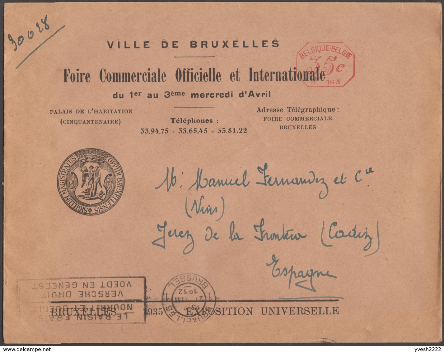 Belgique 1935. Empreinte De Machine à Affranchir Du Bureau De L'Exposition Universelle. Lettre Pour L'Espagne - 1935 – Brussels (Belgium)