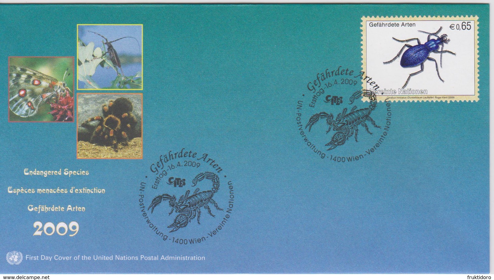 United Nations FDC Mi 590 Endangered Species - Blue Ground Beetle (Carabus Intricatus) - 2009 - FDC