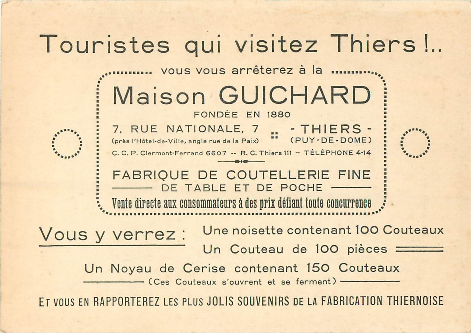 63 Thiers Coutellerie Guichard  Réf 1709 - Thiers