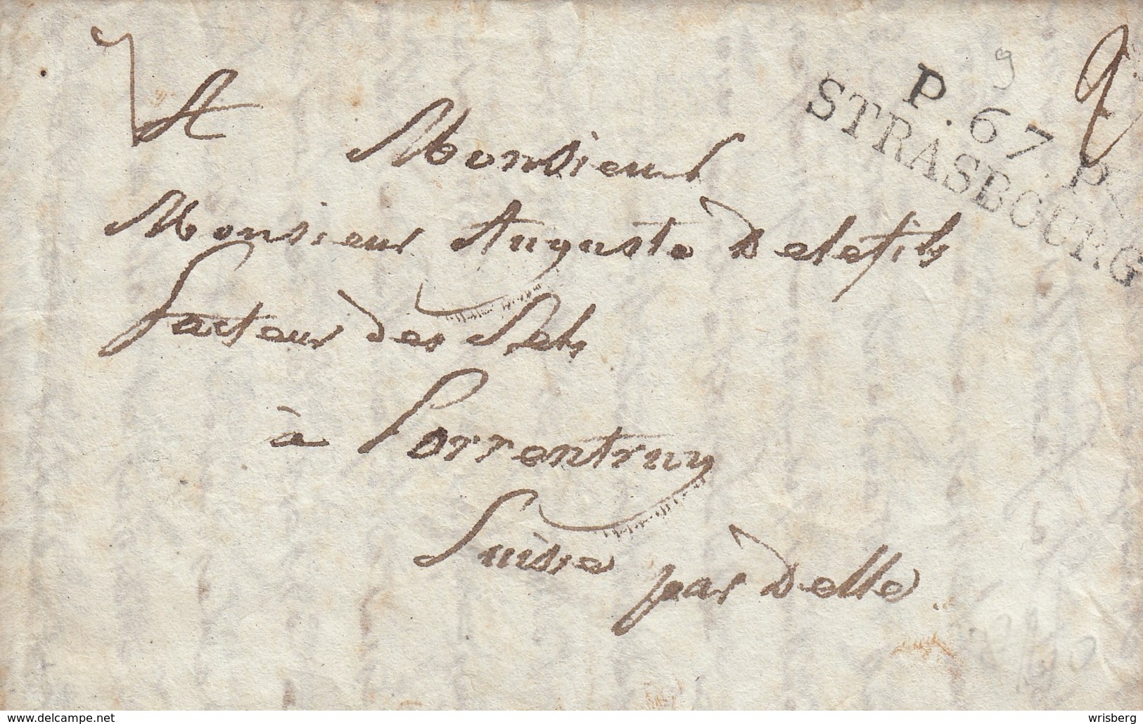 LAC Obl P.67.P. / STRASBOURG [40 X 11] Du 6.9.1823 Adressée à Porrentruy Suisse - Cartas & Documentos