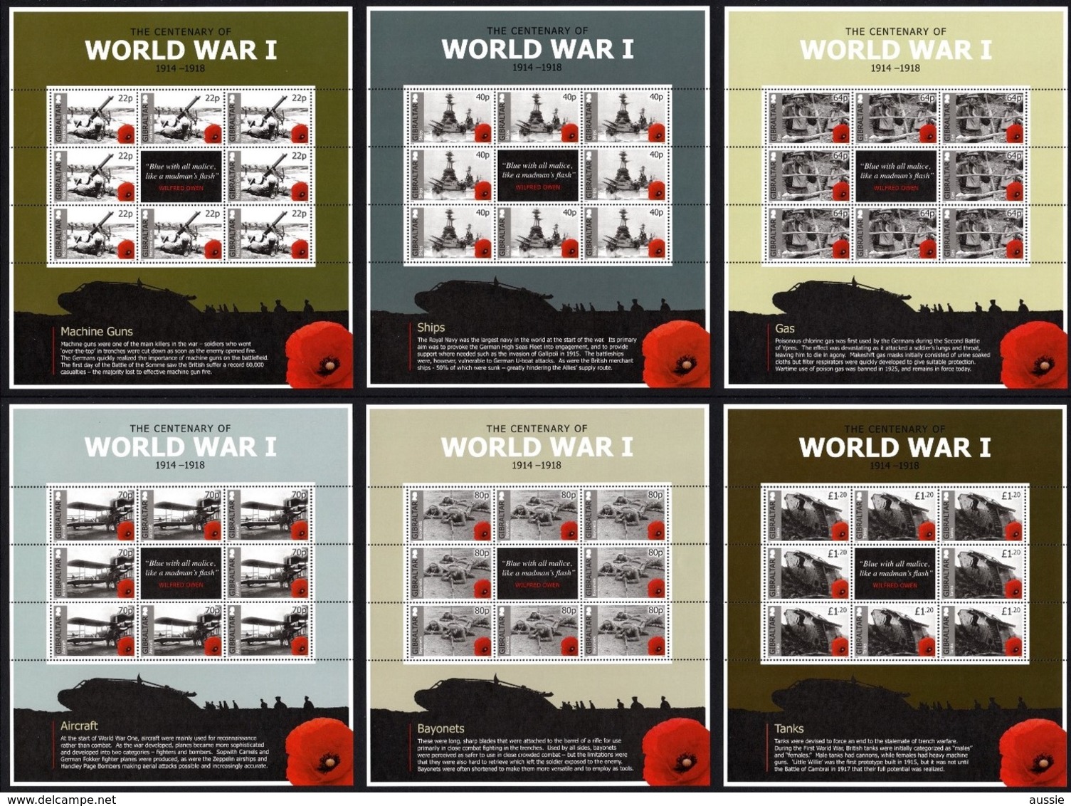 Gibraltar 2015 Micheln° 1669-1674 *** MNH Feuillets Complètes  World War I Guerre Du Monde I - Gibraltar