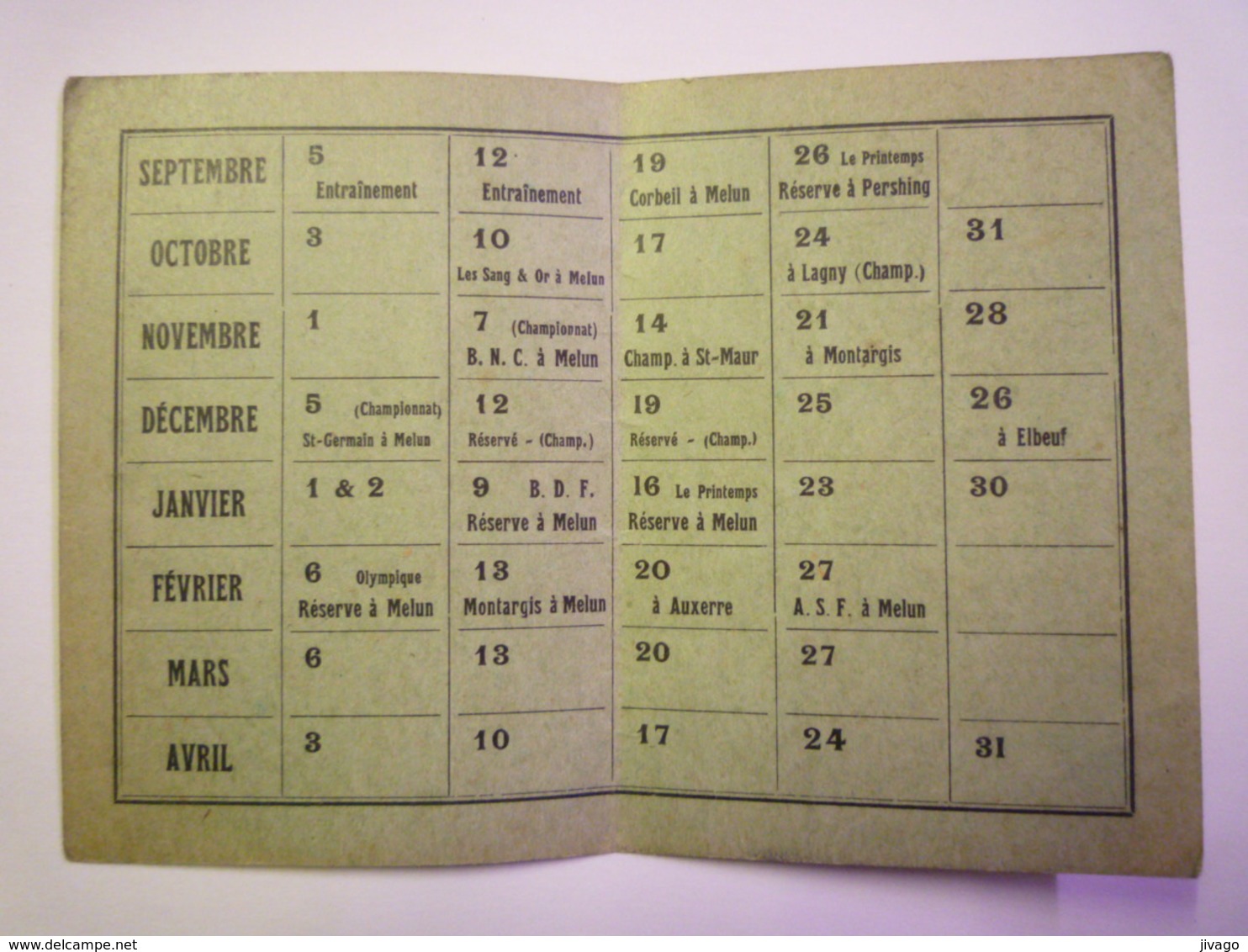 RUGBY-CLUB  De MELUN  SAISON  1926 - 1927  Calendrier   - Rugby