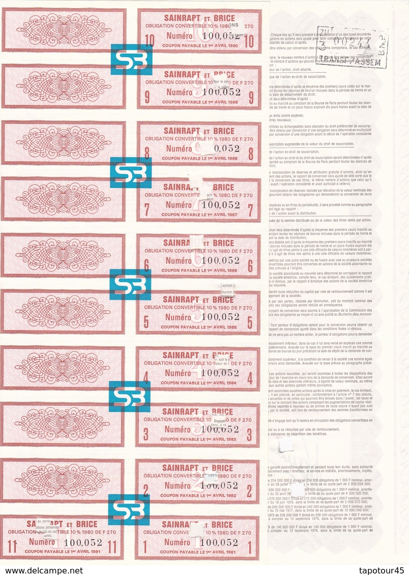 T 1	SAINRAPT Et BRICE : Obligation De 270 Frs		1980   (22) - Autres & Non Classés