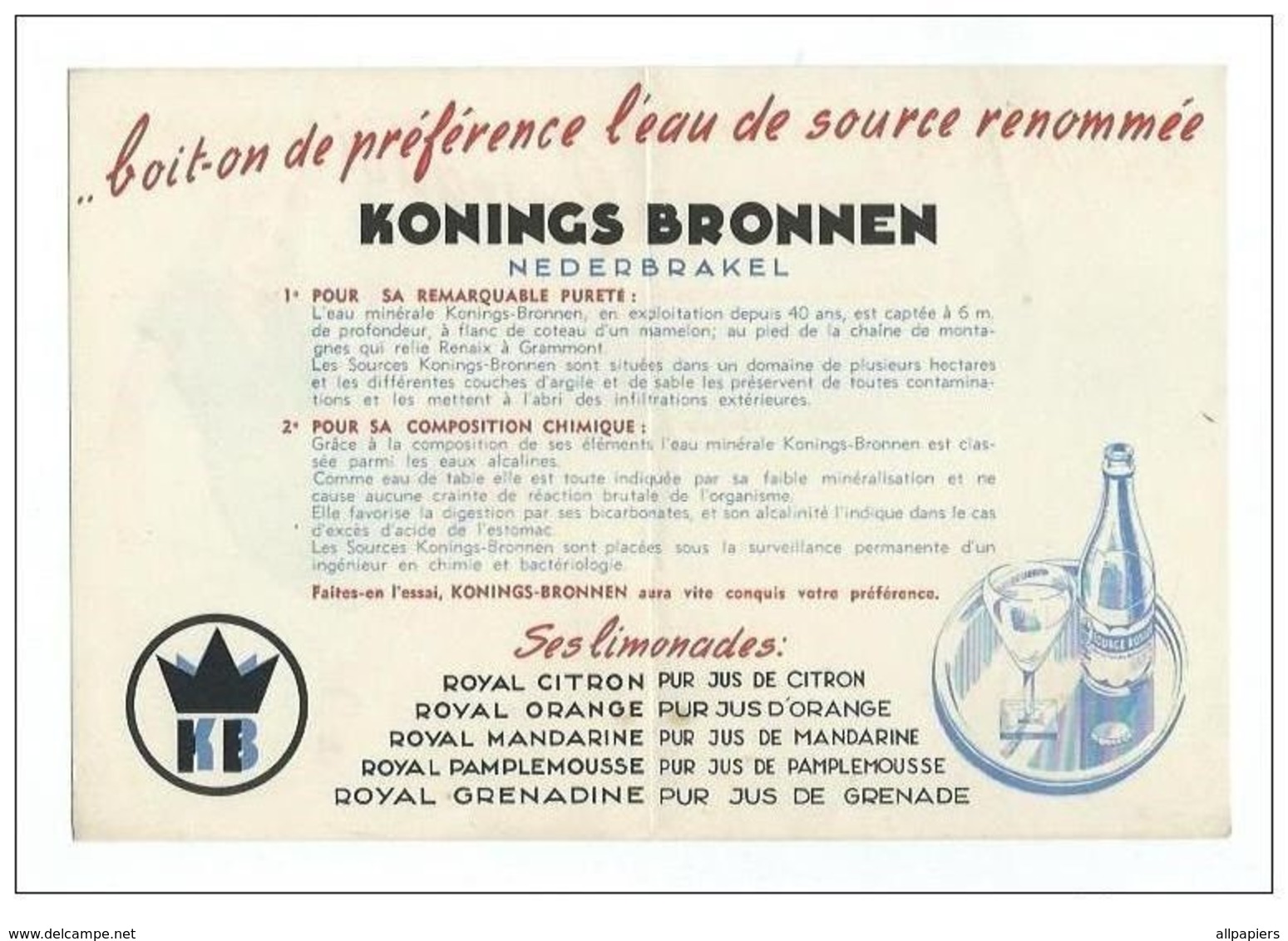 Publicité L'eau De Source Konings Bronnen Nederbrakel Et Ses Limonades - Publicités