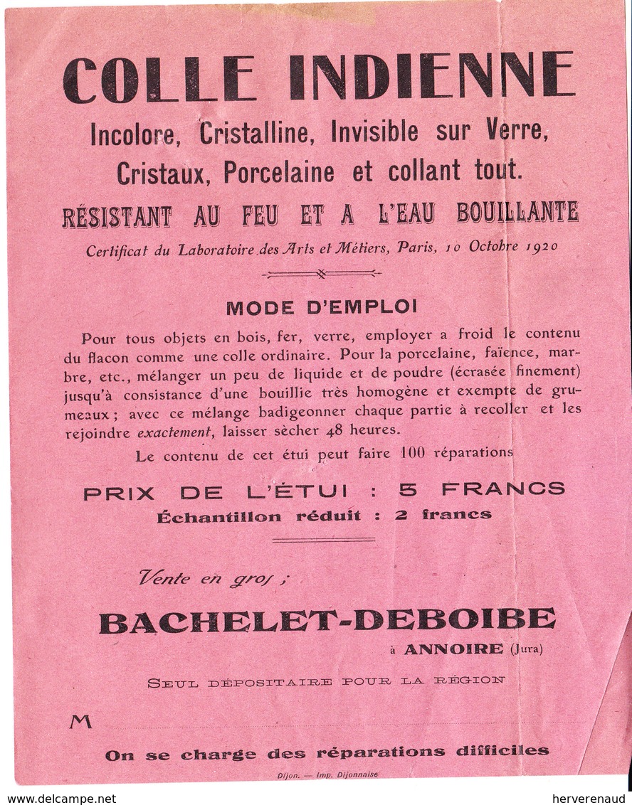 Pub "Colle Indienne" Des Ets Bachelet-Deboibe à Annoire (Jura) - Publicités