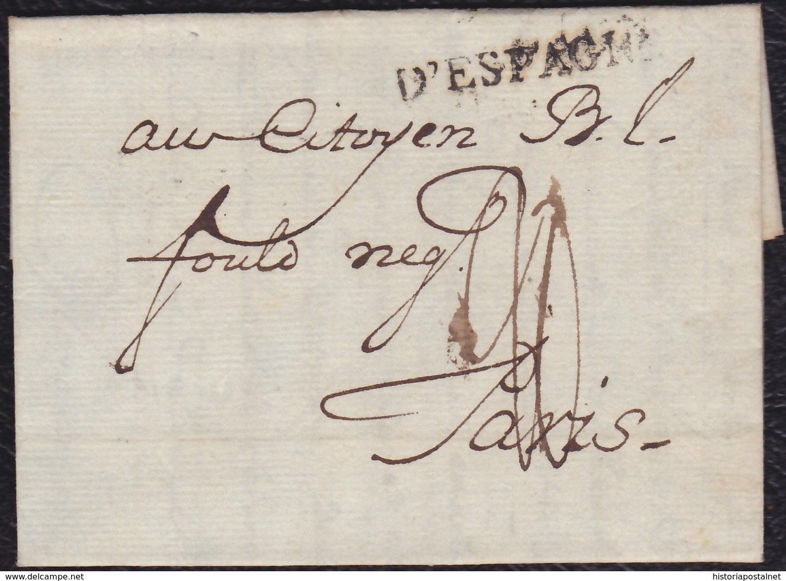 1798. MADRID A PARÍS. MARCA LINEAL "D'ESPAGNE" NEGRO. PORTEO MNS. "20" SOLES. AL DORSO FECHADOR. BONITA E INTERESANTE. - ...-1850 Prefilatelia