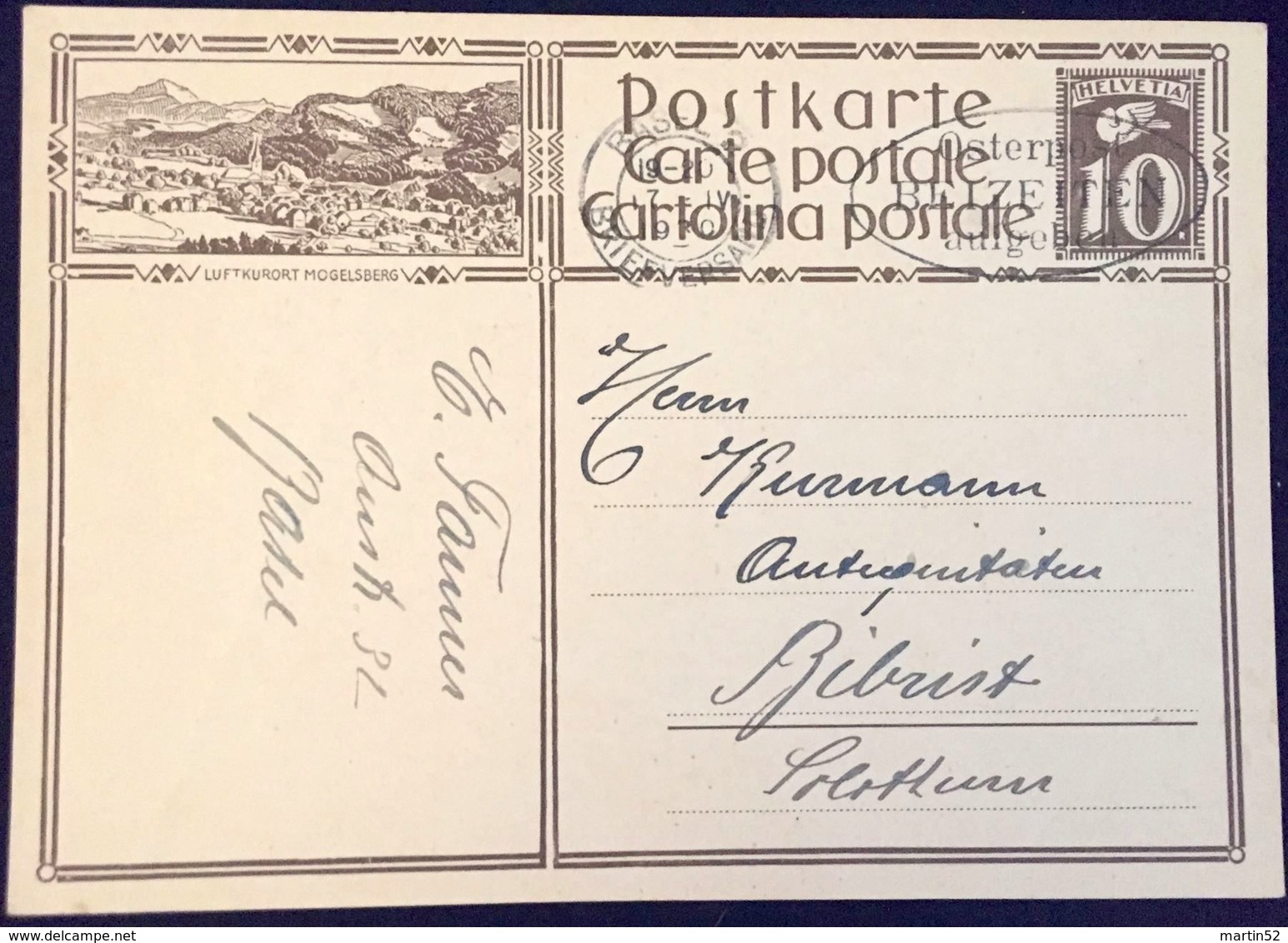 Schweiz Suisse 1930: Bild-PK / CPI "LUFTKURORT MOGELSBERG" O BASEL 17.VI.1930 Nach Biberist (SO) - Entiers Postaux