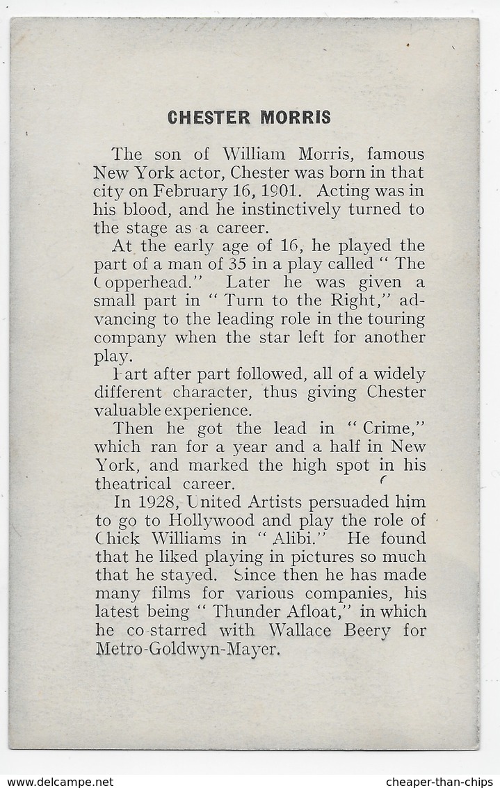 Chester Morris - Potted Biography On Reverse - Actors