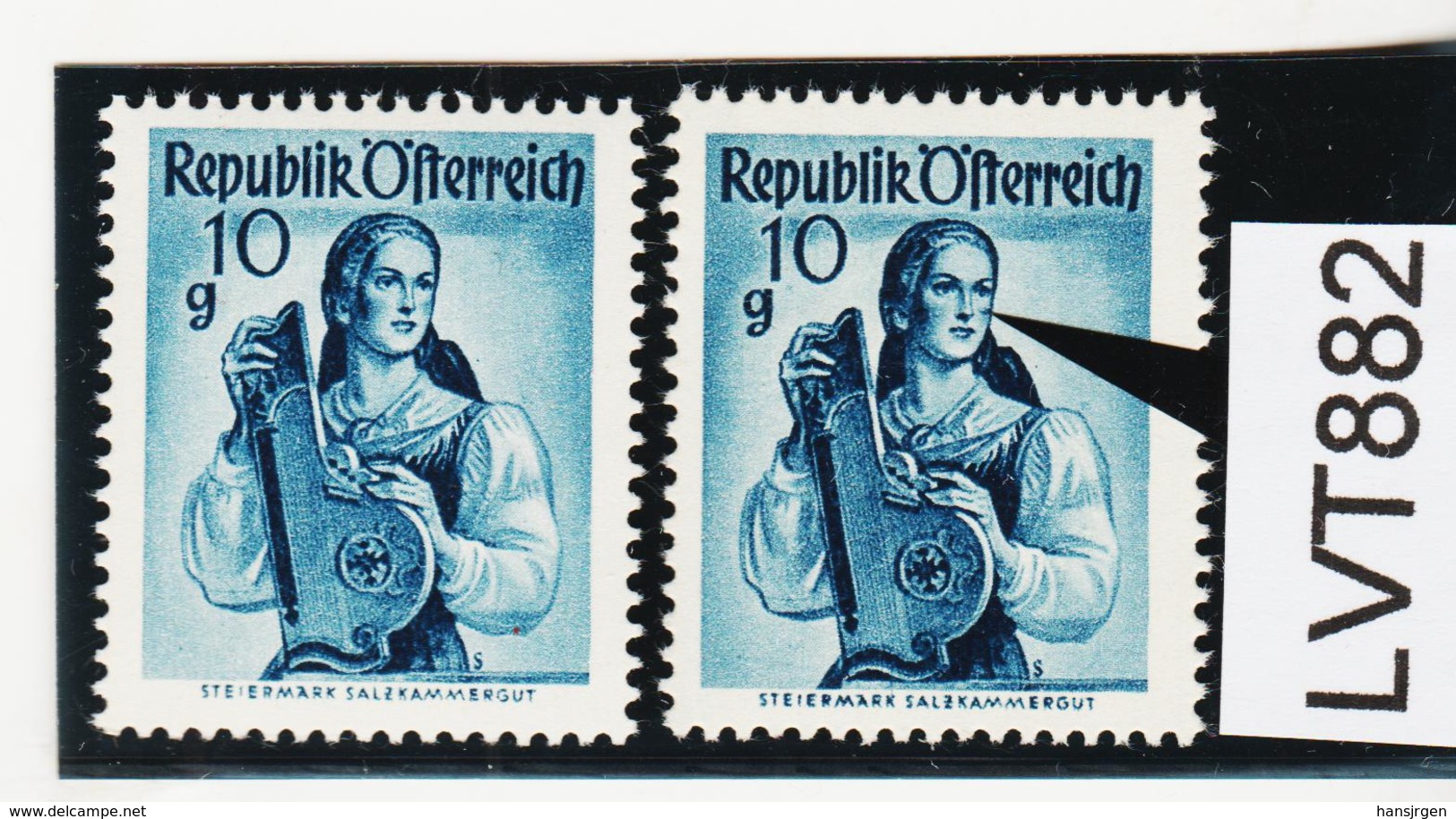 LTV882 ÖSTERREICH 1948 Michl 895 PLATTENFEHLER FARBFLECK WANGE ** Postfrisch - Abarten & Kuriositäten