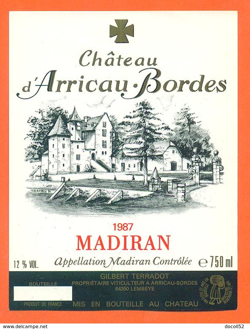 étiquette Vin De Bordeaux Madiran Chateau D'arricau Bordes 1987 à Arricau Bordes - 75 Cl - Madiran