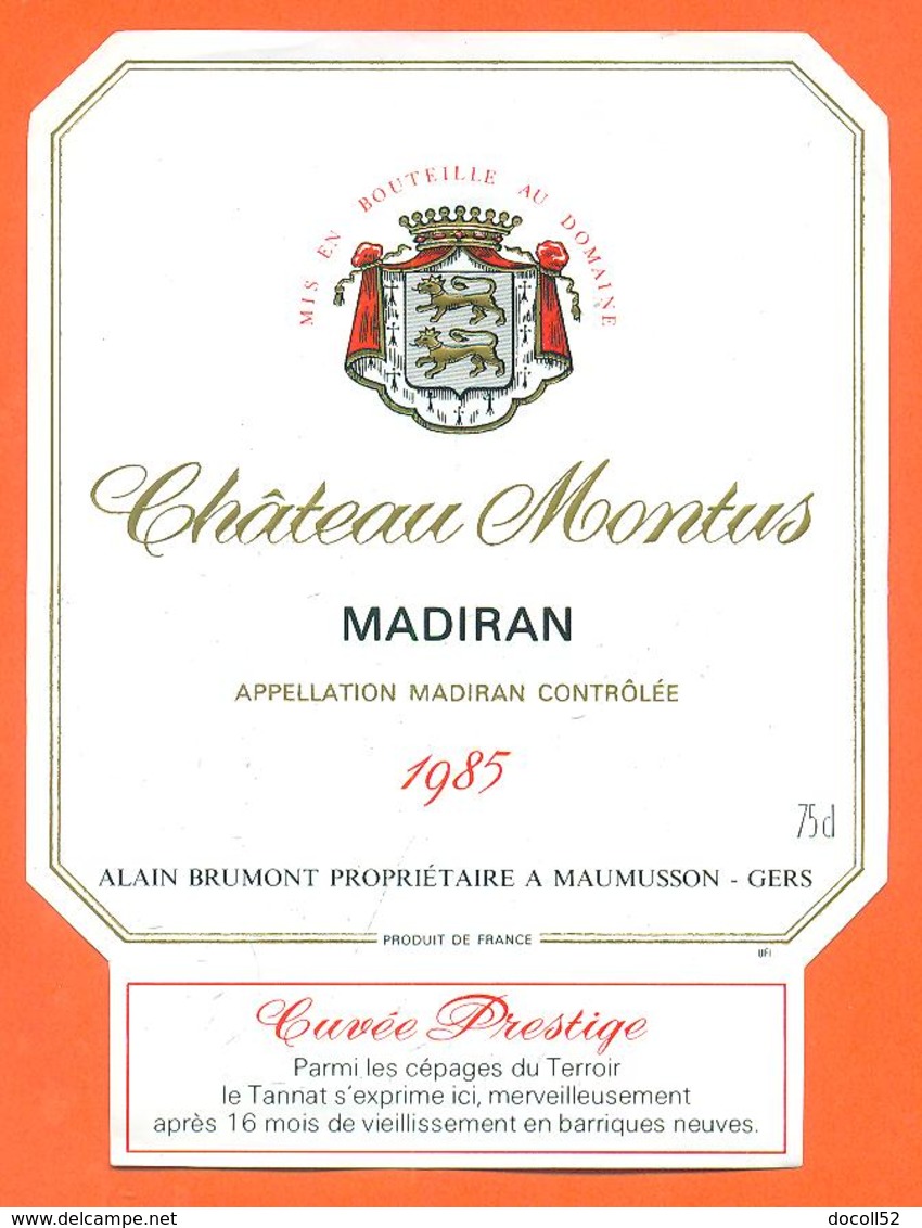 étiquette Vin De Madiran Chateau Montus 1985 Alain Brumont à Maumusson - 75 Cl - Madiran