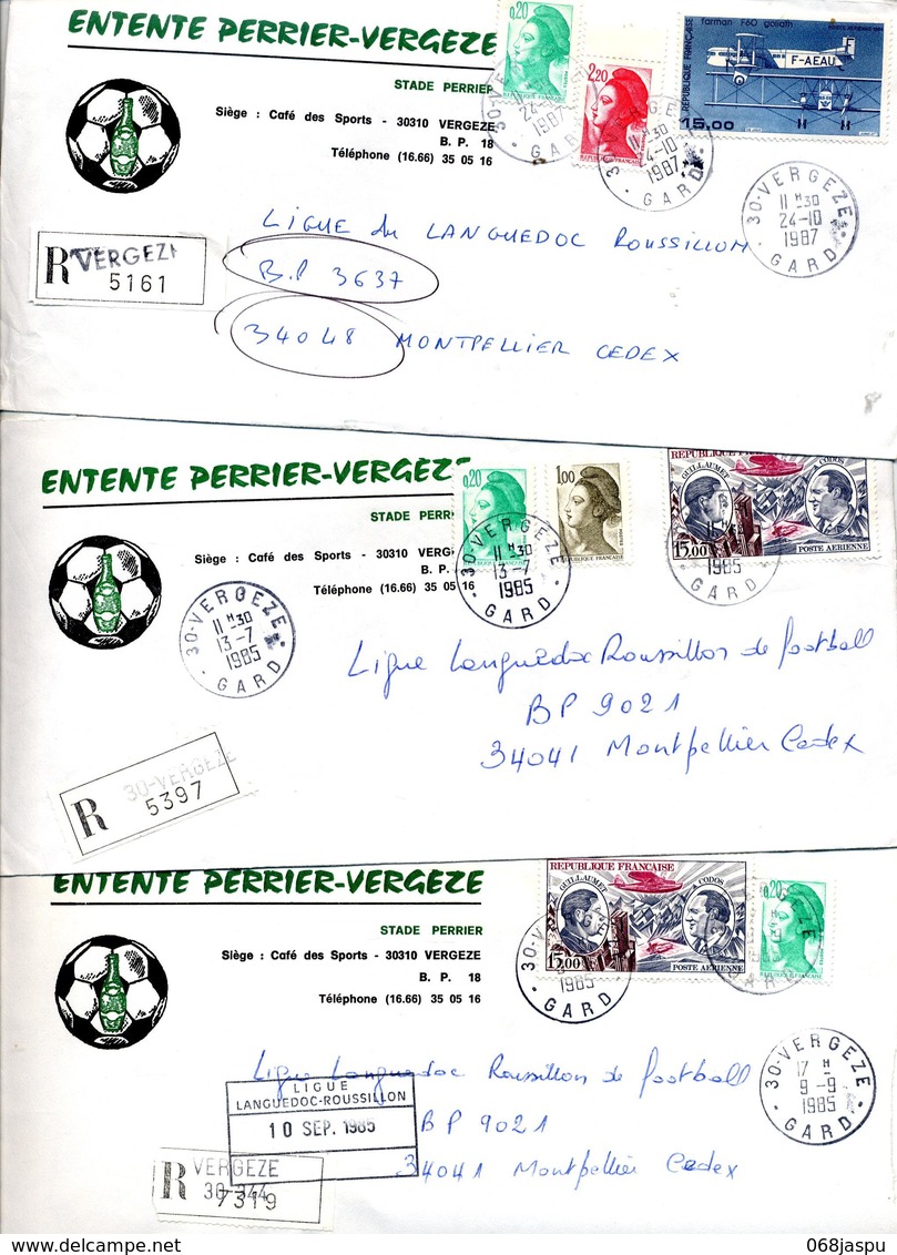 Lettre Recommandee  Vauvert  Sur Liberte Farman Codos 3 Types Etiquette Entete Perrier - Cachets Manuels