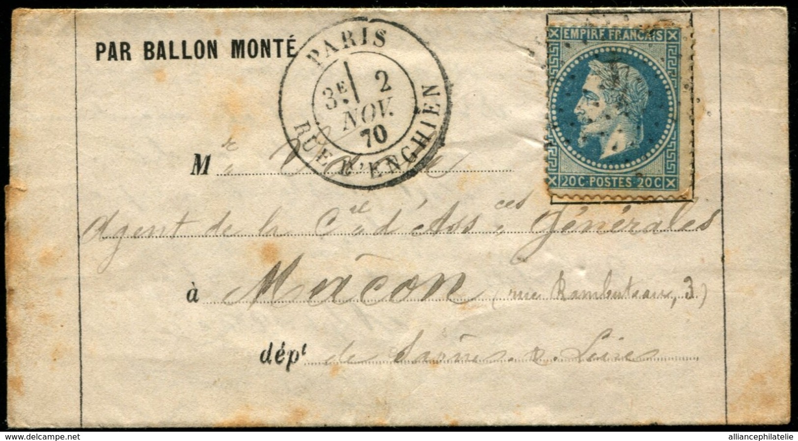 Lot N°8128b - France - Ballon Monté Le Ferdinand Flocon, 20c Bleu Type I Avec Oblitération étoile "4" - TB - War 1870