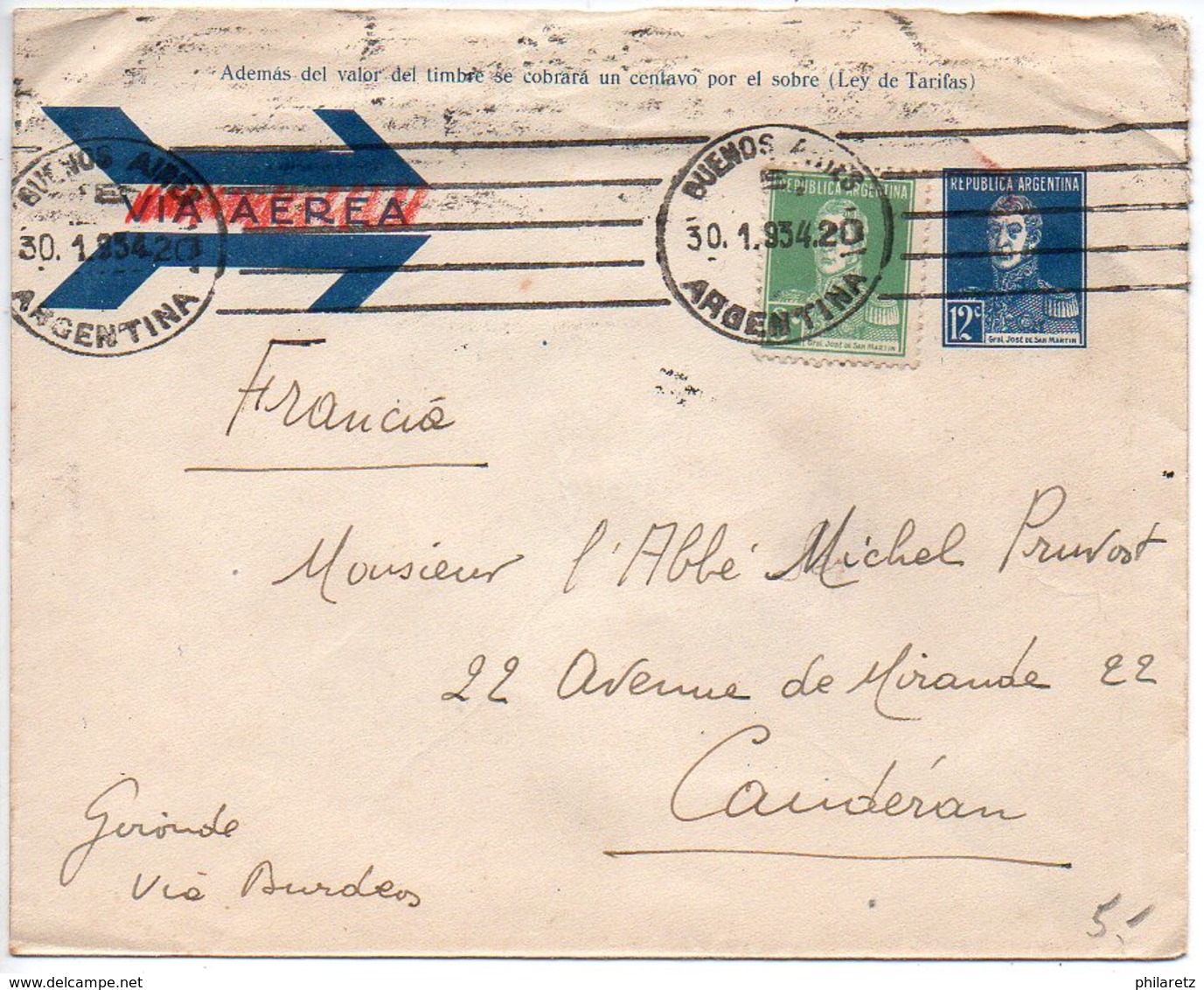 Argentine : Entier Postal De 1934 Pour La France - Lettres & Documents