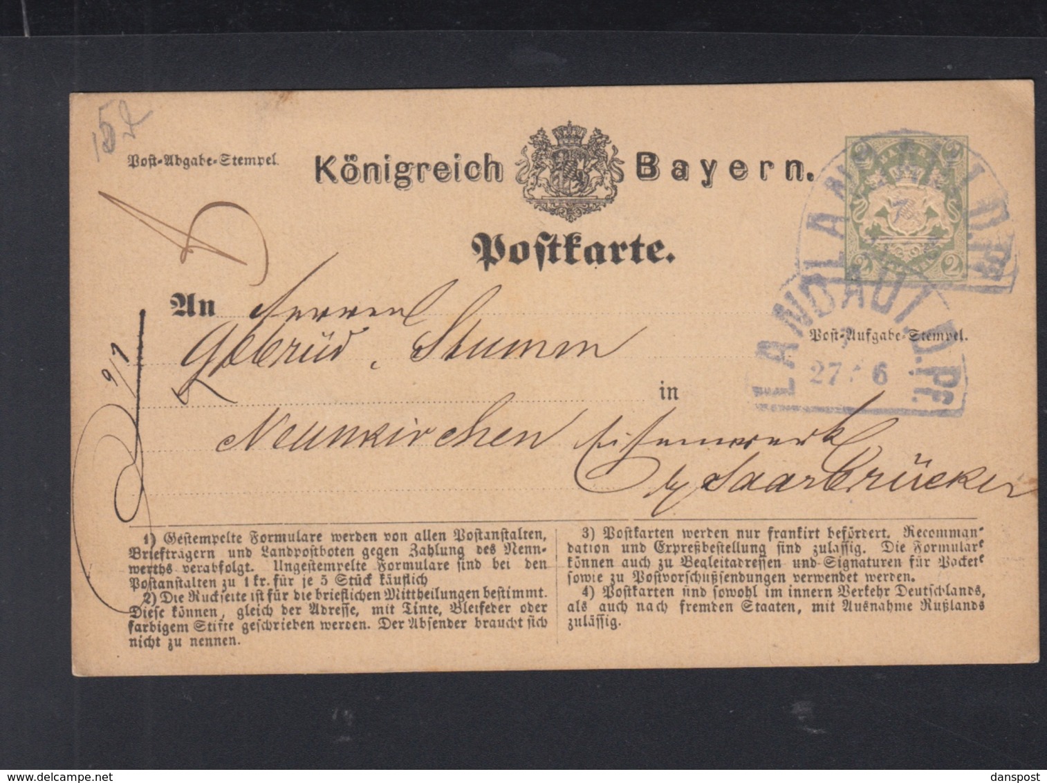 Bayern GSK 1873 Fächerstempel Landau - Postal  Stationery