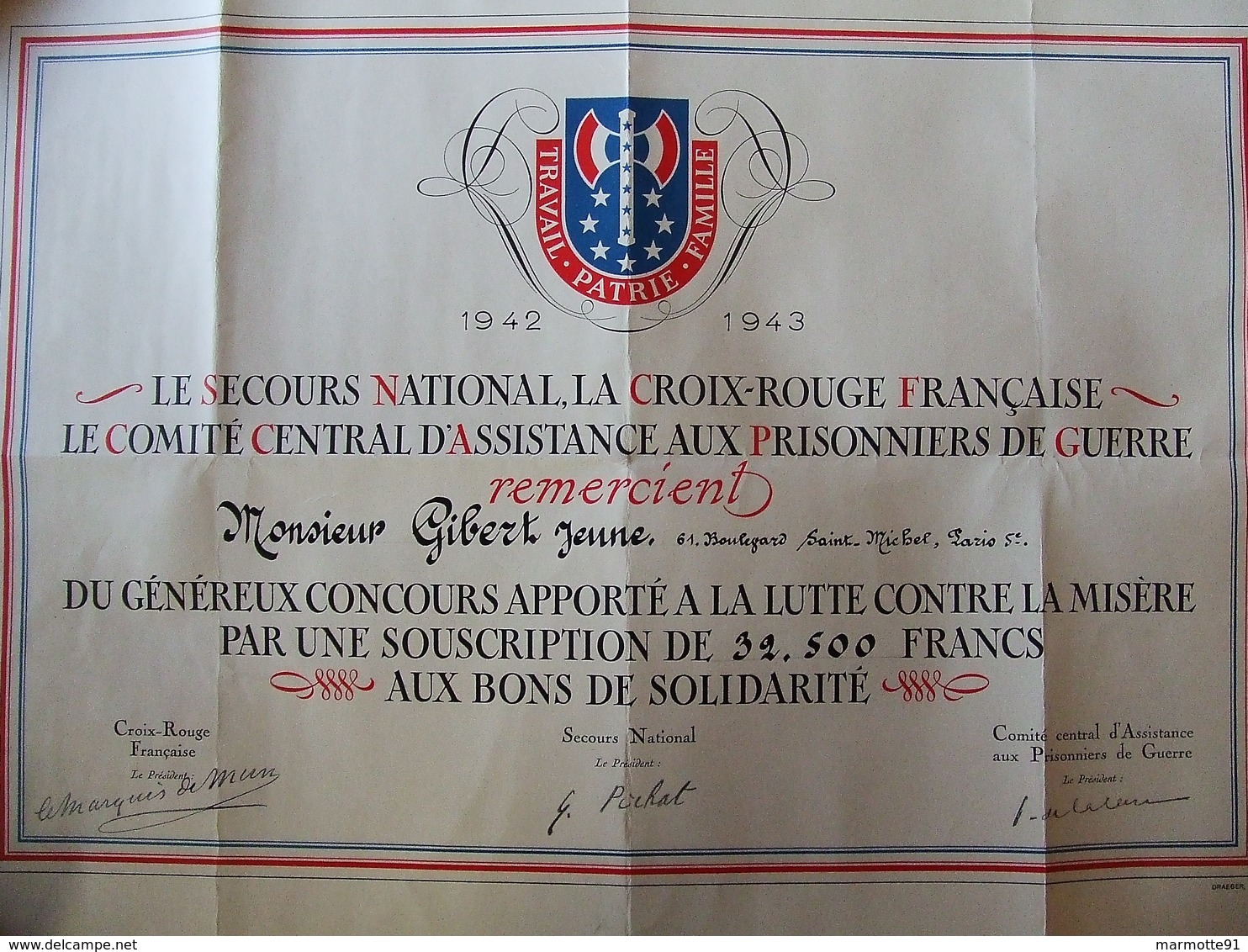 DIPLOME SECOURS NATIONAL CROIX ROUGE FRANCAISE 1942 1943 SOLIDARITE ETAT FRANCAIS PARIS GIBERT JEUNE - Documents