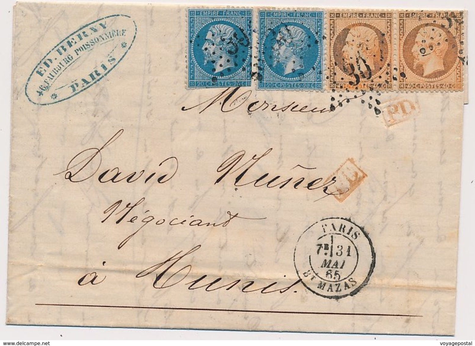 Lettre N°22 Paire,23Paire Paris Etoile 30 Mazas Pour Tunis Tunisie 3 Ports - 1849-1876: Période Classique