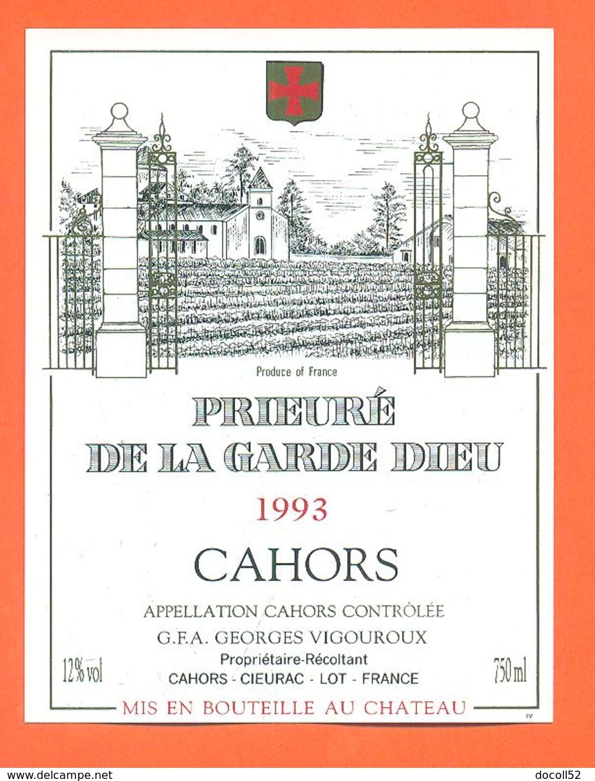 étiquette Vin De Cahors Prieuré De La Garde Dieu 1993 Georges Vigouroux à Cahors Cieurac - 75 Cl - Cahors