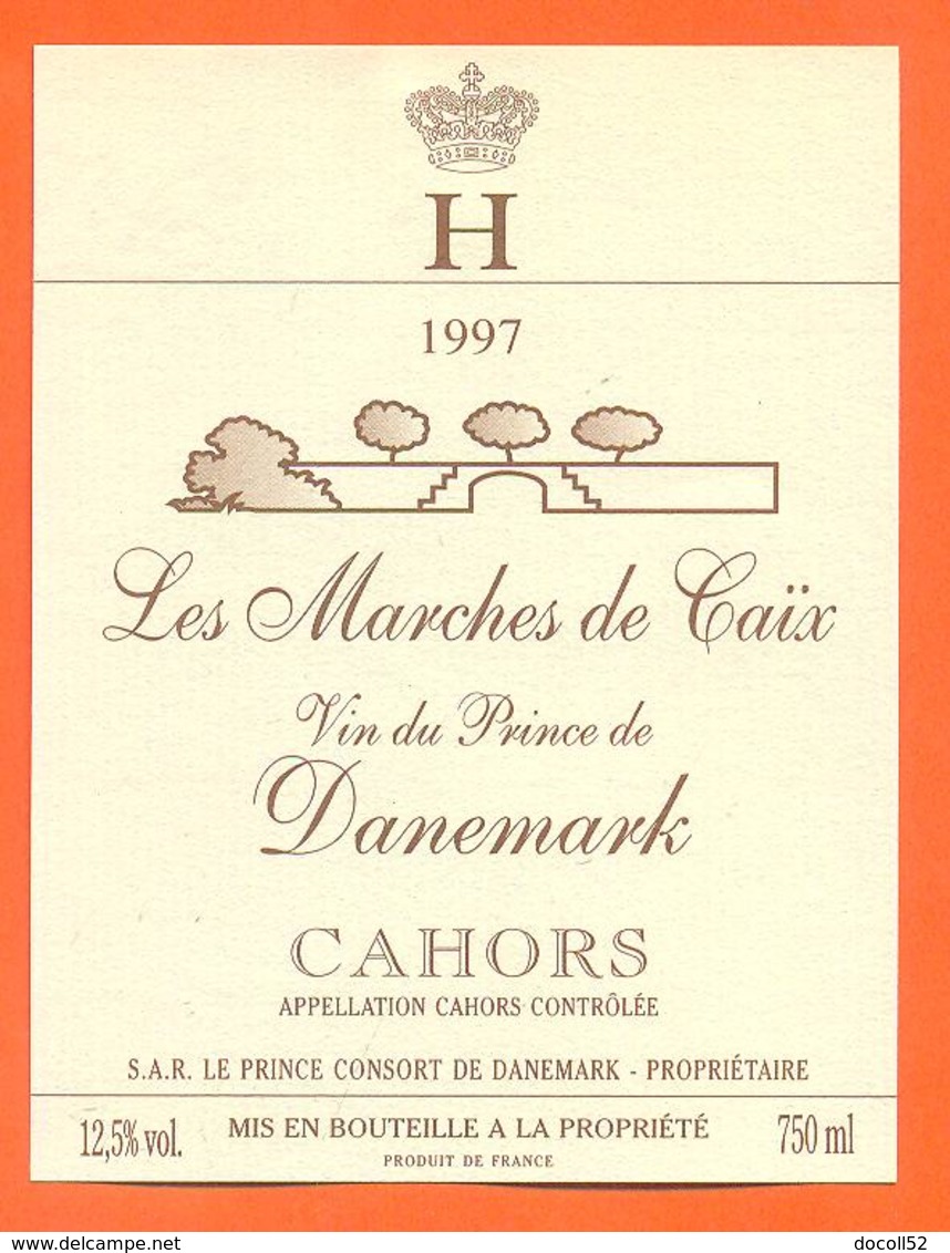 étiquette Vin De Cahors Les Marches De Caix Prince De Danemark 1997 - 75 Cl - Cahors