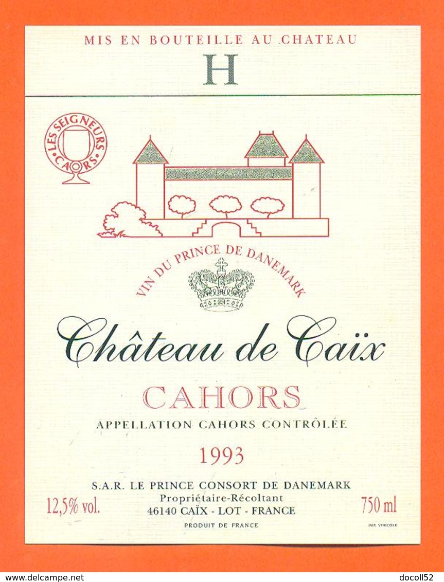 étiquette Vin De Cahors Chateau De Caix 1993 Prince De Danemark à Caix - 75 Cl - Cahors