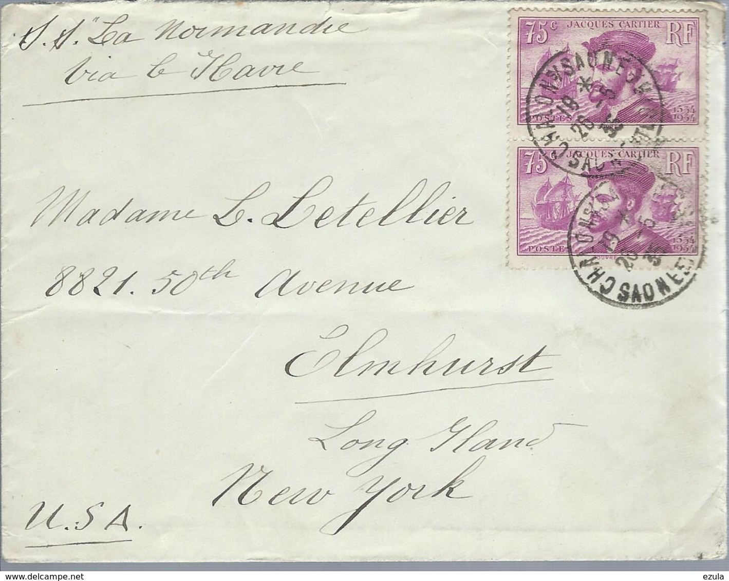 Lettre De France Pour Les U. S. A. Affranchie Avec N°  296 X2 Le 26/5/35 - Sur Le Normandie Via Le Havre - 1921-1960: Période Moderne