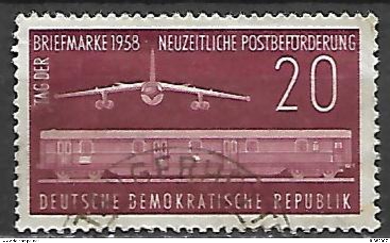 ALLEMAGNE   /  DDR     -     1958 .  TRAIN  /   AVION    -    Oblitéré.  Journée Du Timbre - Avions