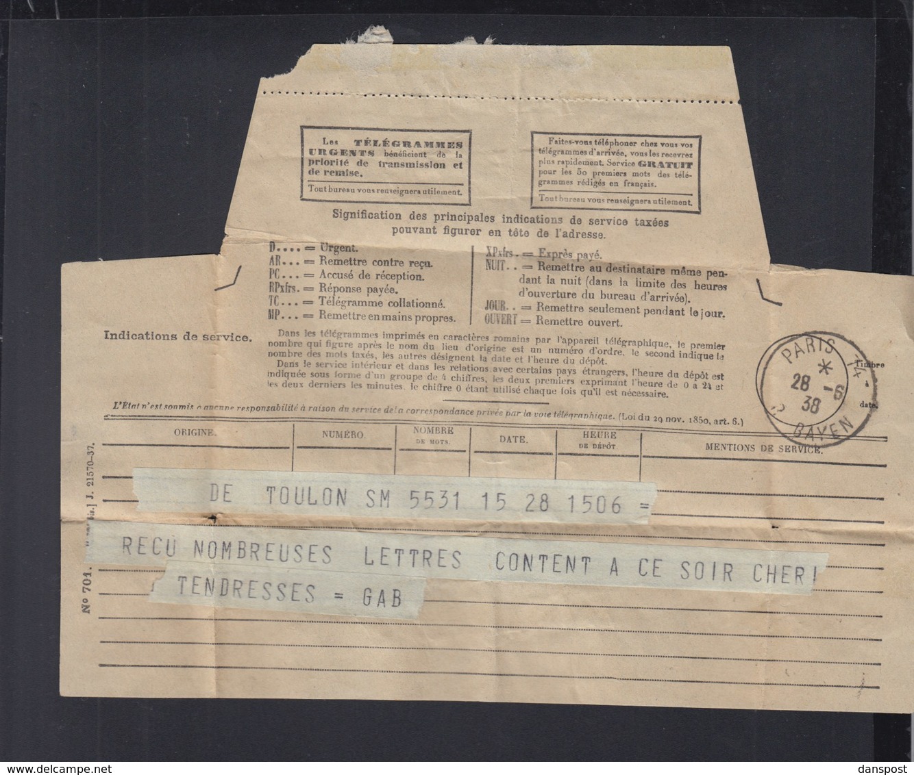 Telegramme 1938 Paris Rue Bayen - 1921-1960: Periodo Moderno