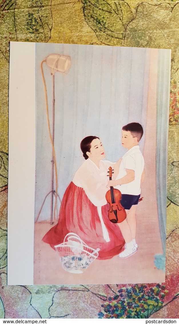 KOREA NORTH PROPAGANDA Postcard " REQUEST" By KANG YUNG NIM  1950s  Children VIOLIN - Korea, North