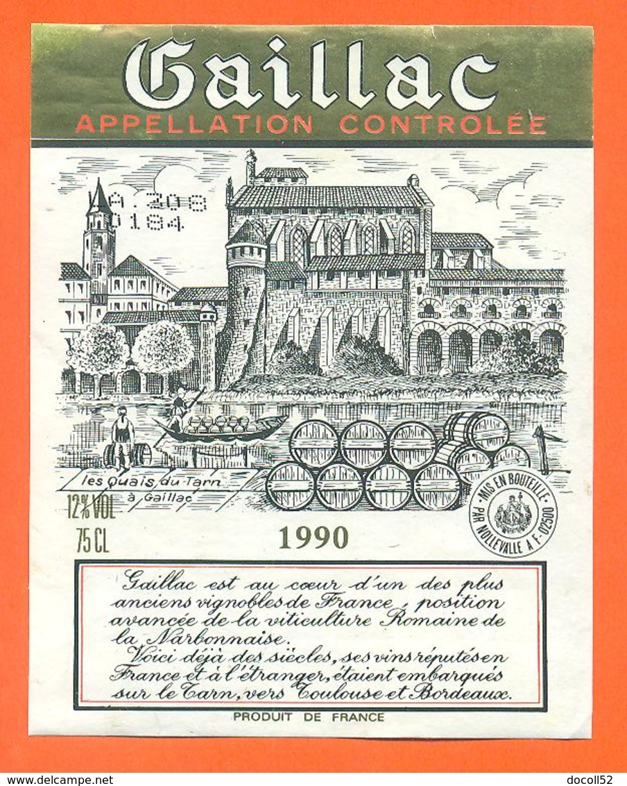 étiquette De Vin Bordeaux Gaillac 1990 - 75 Cl - Gaillac