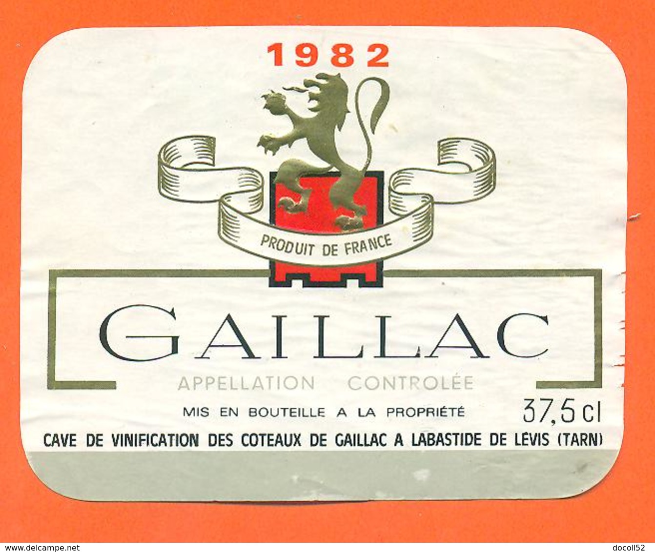 étiquette De Vin Bordeaux Gaillac 1982 Caves à Labastide De Lévis - 37,5 Cl - Gaillac