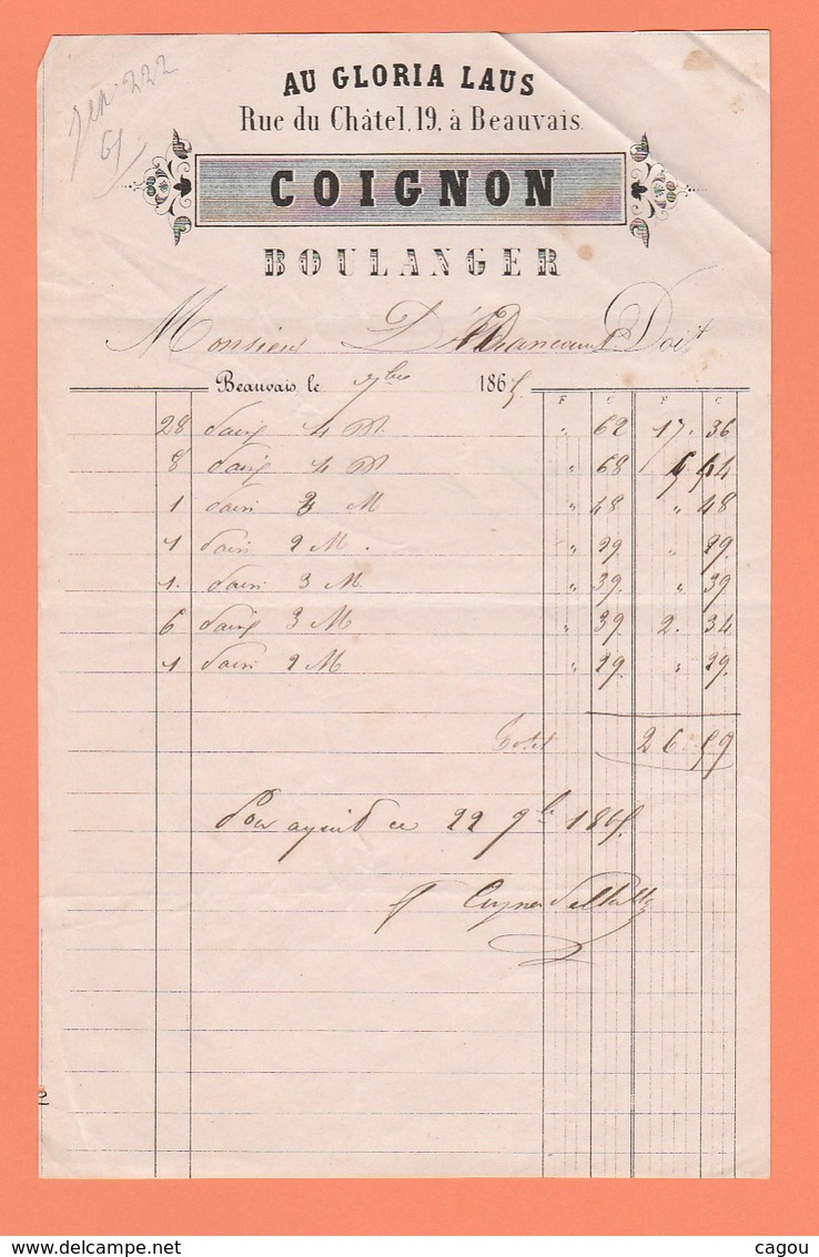 AU GLORIA LAUS RUE DU CHÂTEL 19 BEAUVAIS COIGNON BOULANGER - 1800 – 1899